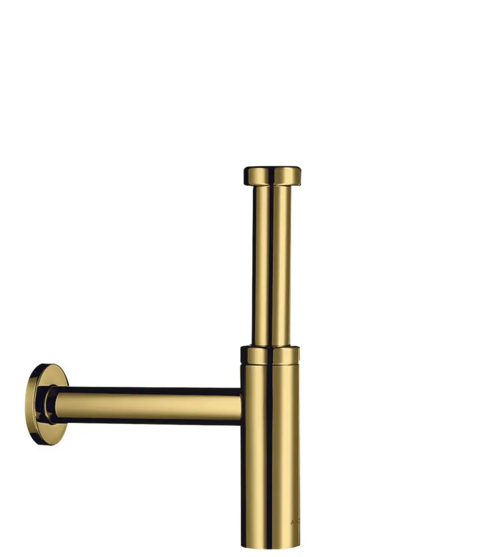 Goldener Siphon mit zwei Rohren und rundem Wandanschluss, designed von Hansgrohe. Das Produkt weist eine polierte Oberfläche auf.